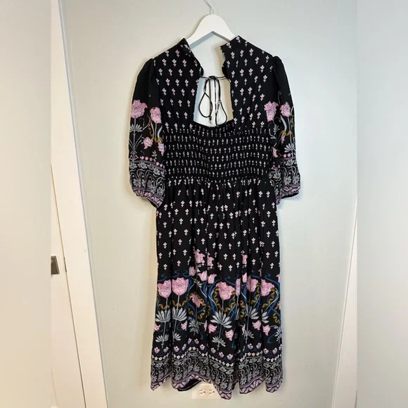Anthropologie Dasha Smocked Midi Floral Tie Bohemian Dress Size Large - Picture 13 of 17